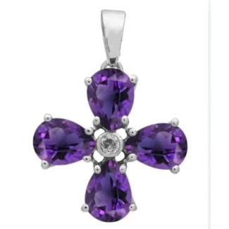 Sterling Silver Pear-Cut Amethyst Clover Pendant with CZ Accent