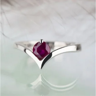 White Gold Chevron Ring with Round Ruby Solitaire