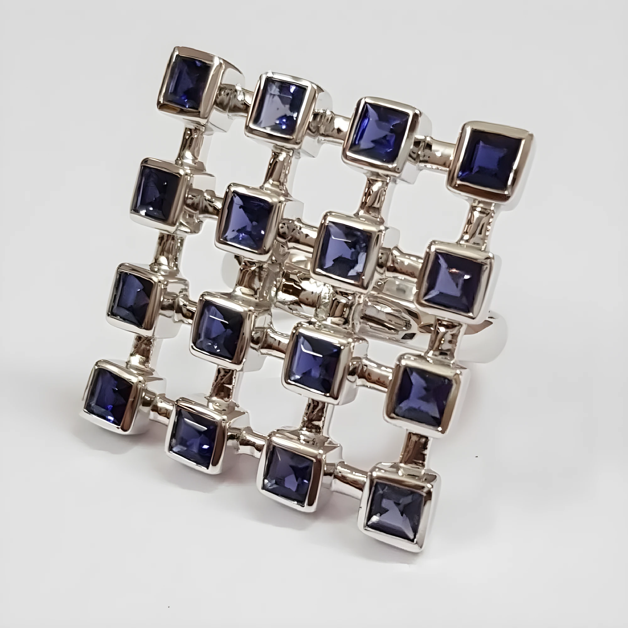 Sterling Silver Grid Ring with Square Iolite Gemstones