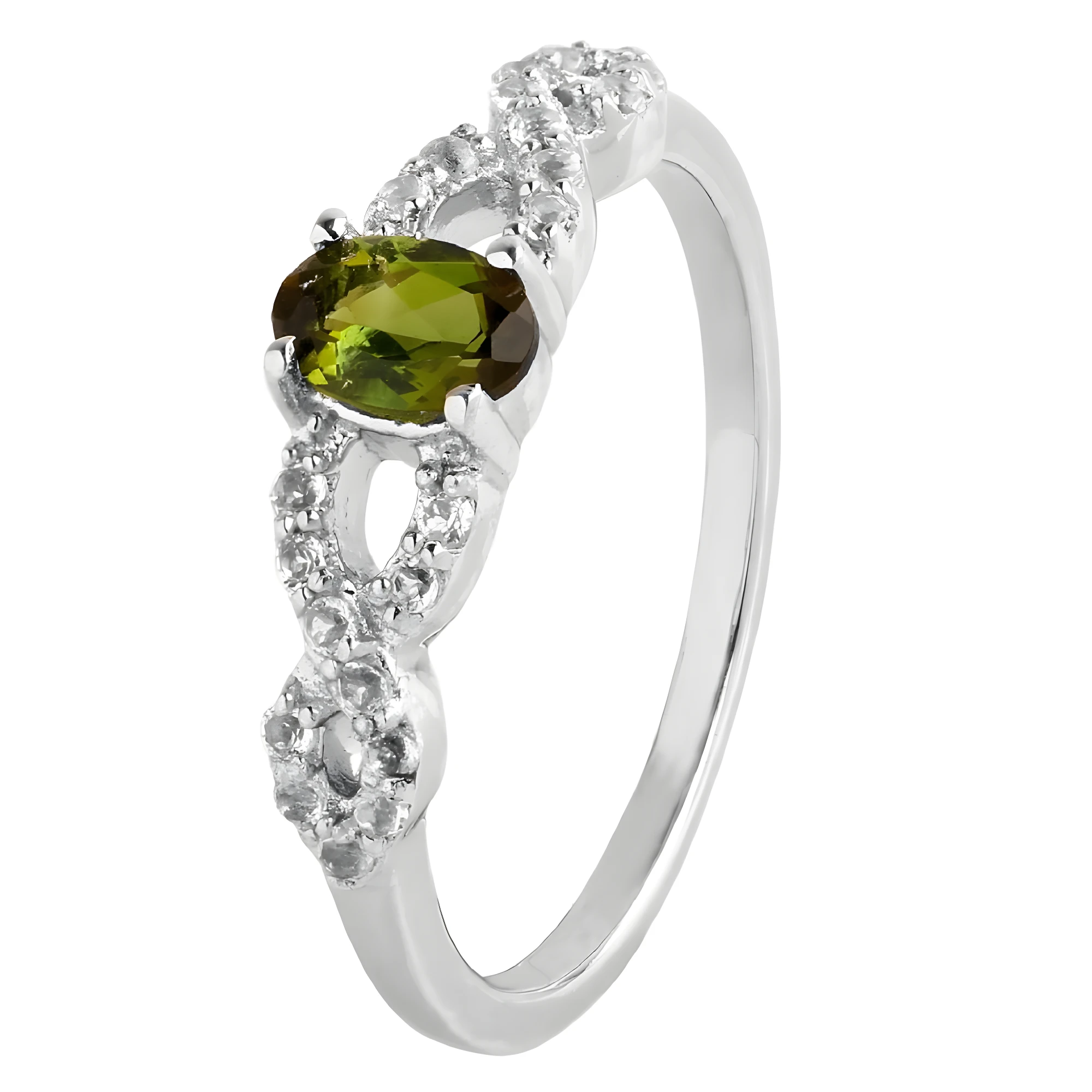 Sterling Silver Ring with Oval Peridot and Infinity-Style Accents