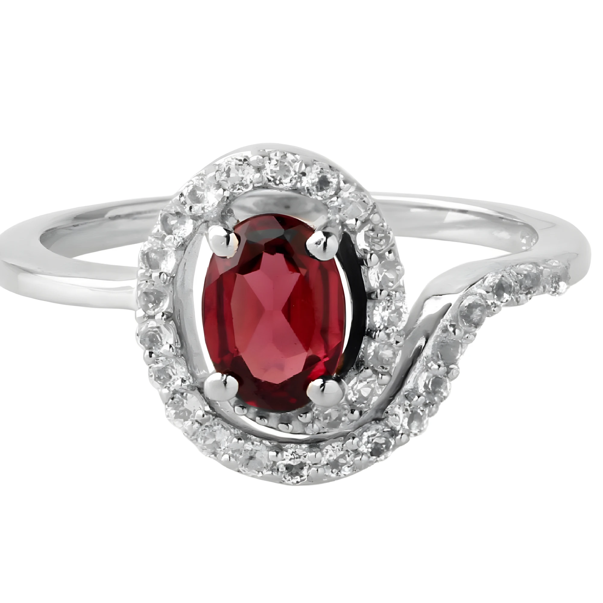 Sterling Silver Swirl Ring with Oval Garnet and Halo