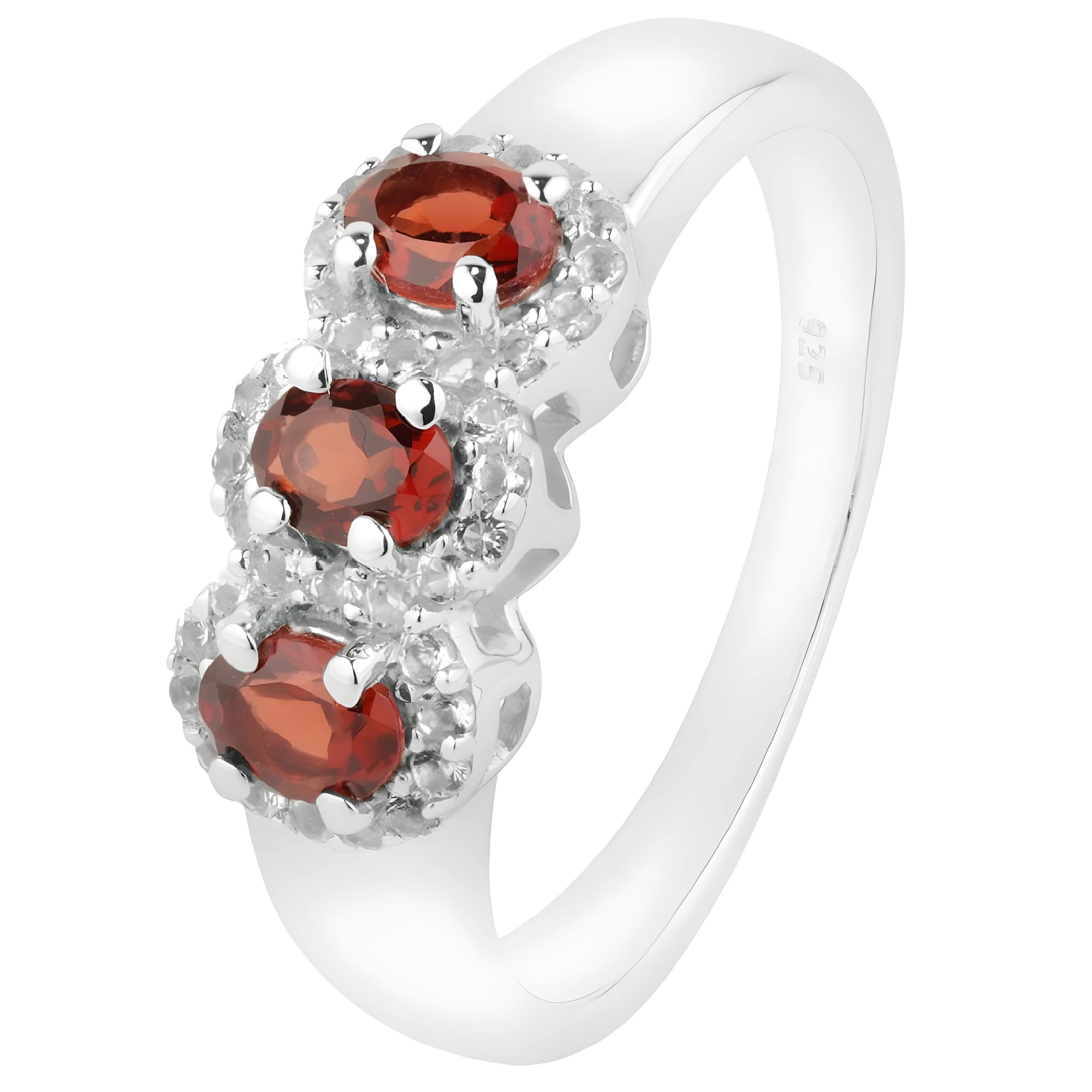 Sterling Silver Three-Stone Garnet Ring with White Topaz Halos